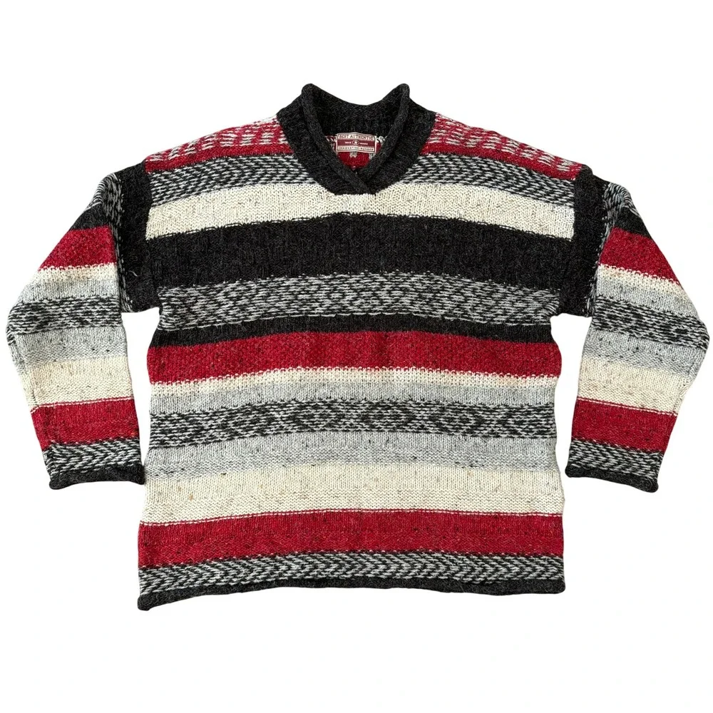 Vintage Best Authentic Men's Wool Blend Ski‎ Sweater Sz L Stripe Black White Red